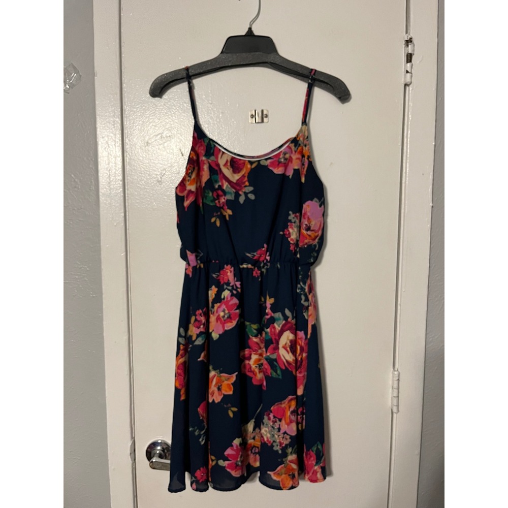 Everly Floral Chiffon Mini Dress Navy Blue Pink Orange Sleeveless Large DR6111ST
